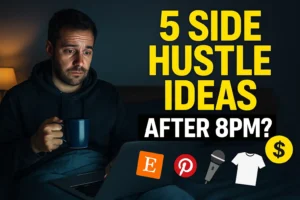 Blog thumbnail showing a tired dad with laptop and coffee, text: 5 Side Hustle Ideas After 8PM | Dadgrind