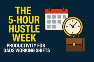 Blog thumbnail with calendar, clock, and briefcase – The 5-Hour Hustle Week productivity for dads working shifts | Dadgrind