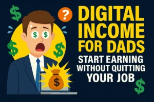 Blog thumbnail with cartoon dad surrounded by dollar signs – Digital income for dads, start earning without quitting your job | Dadgrind