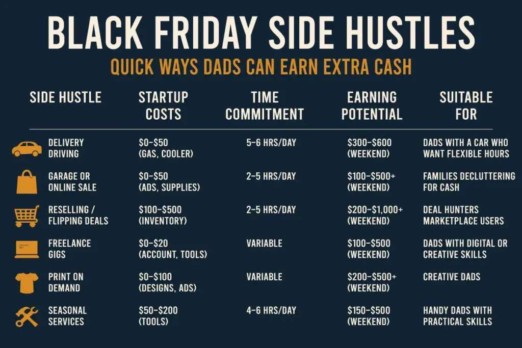 Black Friday side hustles infographic with startup costs, time commitment, earning potential, and best side hustles for dads
