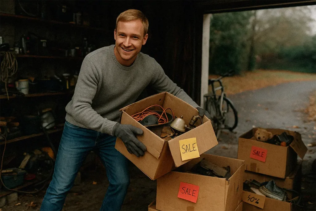 Blond dad in his 30s cleaning out his garage during a Black Friday side hustle, lifting a box with SALE labels among clutter and autumn leaves.