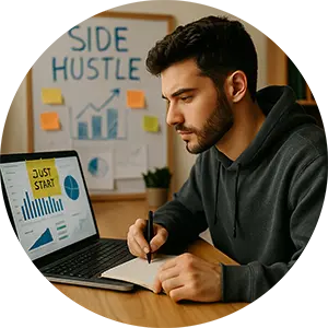 Man working on laptop and writing notes – side hustle ideas